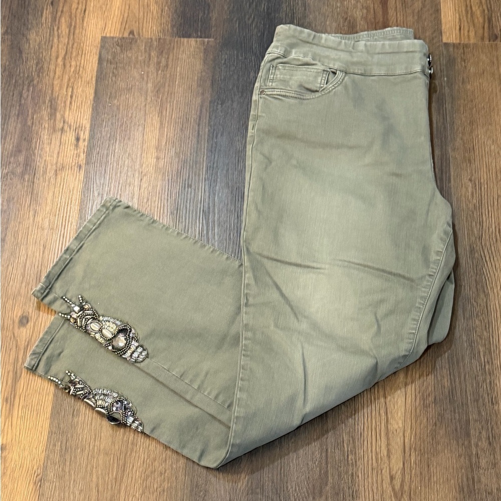Soft Surroundings Olive Green Cropped Jeans with Embellished Ankles - Picture 7 of 10